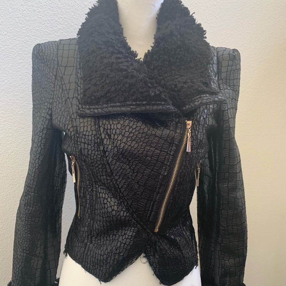 Crop faux leather shearling biker jacket Medium